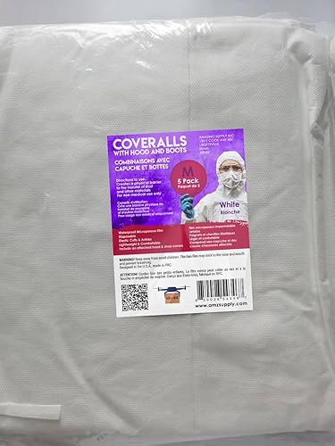 Miniatura 4 de EZGOODZ Overoles desechables con capucha, botas M. Paquete de 5 overoles de pintura blanca desechables. Microporoso 50 GSM a prueba de líquidos