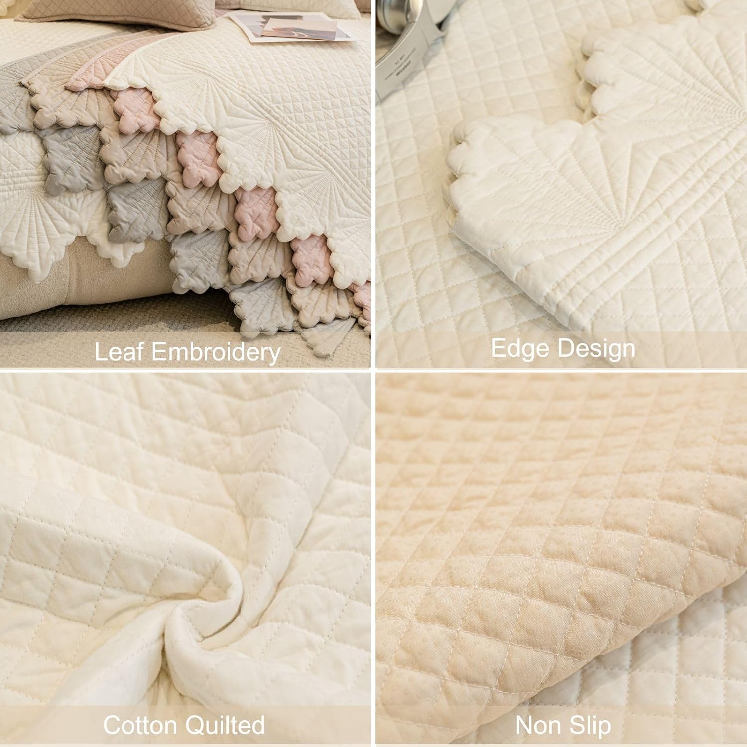 vctops Shabby Chic 100% Cotton Quilted Couch Cover Washable Leaf Plaid Embroidered Sofa Cover Non-Slip Soft Sofa Slipcover Washable Furniture Protector (Cream,28"x59")