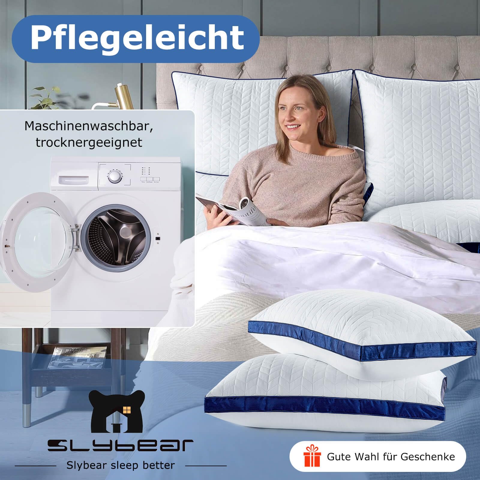 Kopfkissen Kissen 40x80 2er Set - 2 Stück Seitenschläferkissen, orthopädisches Kissen mit hochwertiger Füllung und atmungsaktivem Bezug für Schläfer, Waschbare Schlafkissen, weich & stützend