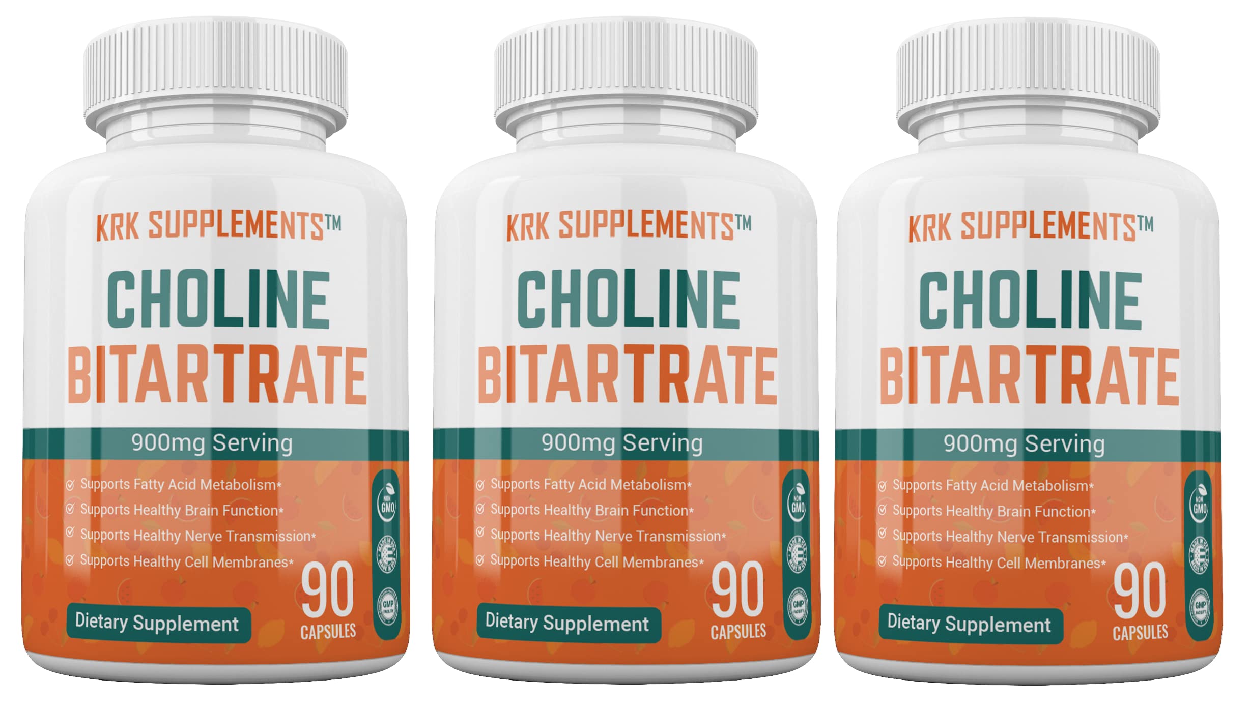 3 Bottles Choline Bitartrate 900mg Per Serving 270 Total Capsules KRK Supplements