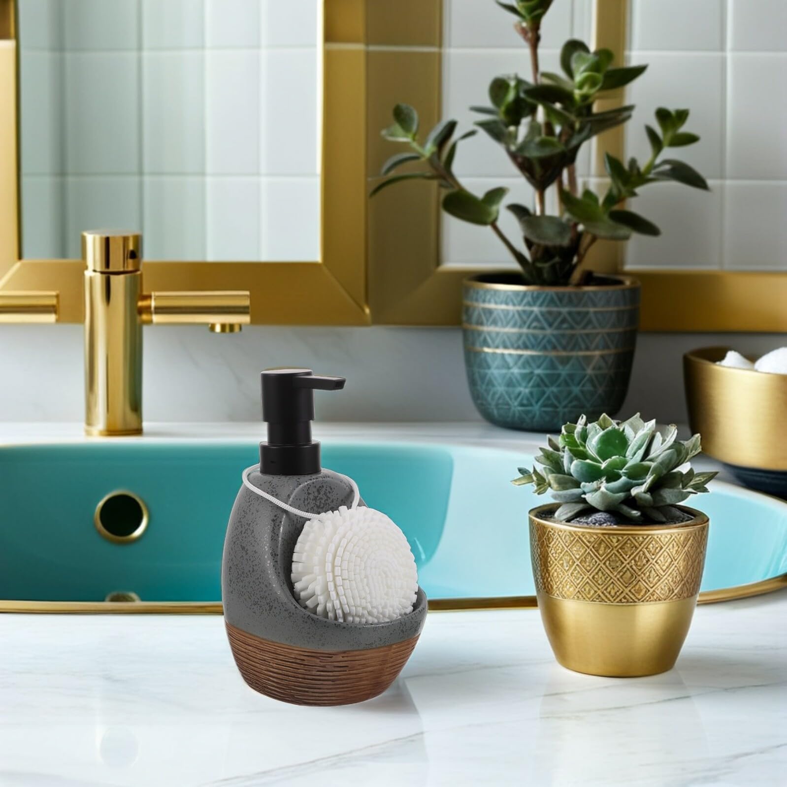 Dispensador de Jabón Líquido de Cerámica Gris, Bomba Dosificadora Antigoteo Recargable, Botella para Baño y Cocina con Organizador de Encimera para Gel Ducha y Champú