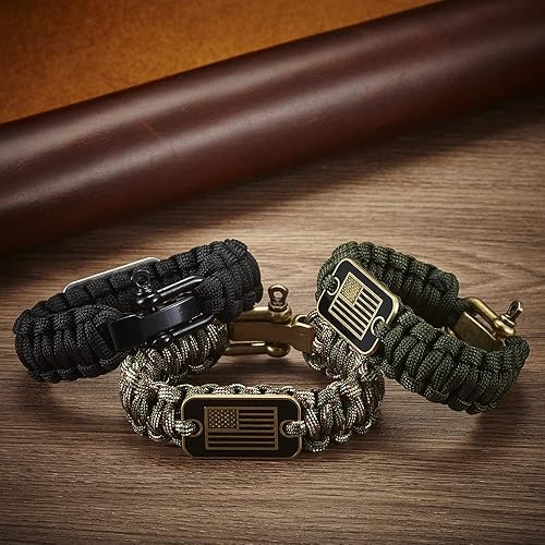 Miniatura 5 de Onewly Pulseras de cuerda de paracaídas con bandera de Estados Unidos de bronce, regalos para veteranos militares con pulsera táctica de Negro y