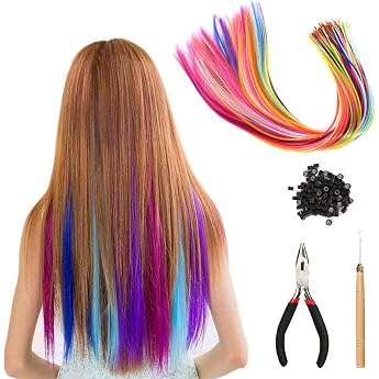 Colourful Hair Extensions Set of 100 Hair Strands for Clip-on with Pliers Hook Ponytail Braids Clip Coloured Hair Extensions for Women Party Festival Decoration