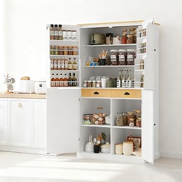 Wood Tall Storage Cabinet, 71.3" Freestanding Kitchen Pantry Cabinet with 4 Doors, 2 Inner Drawers, Adjustable Shelves for Kitchen, Dining Room, Bathroom, White