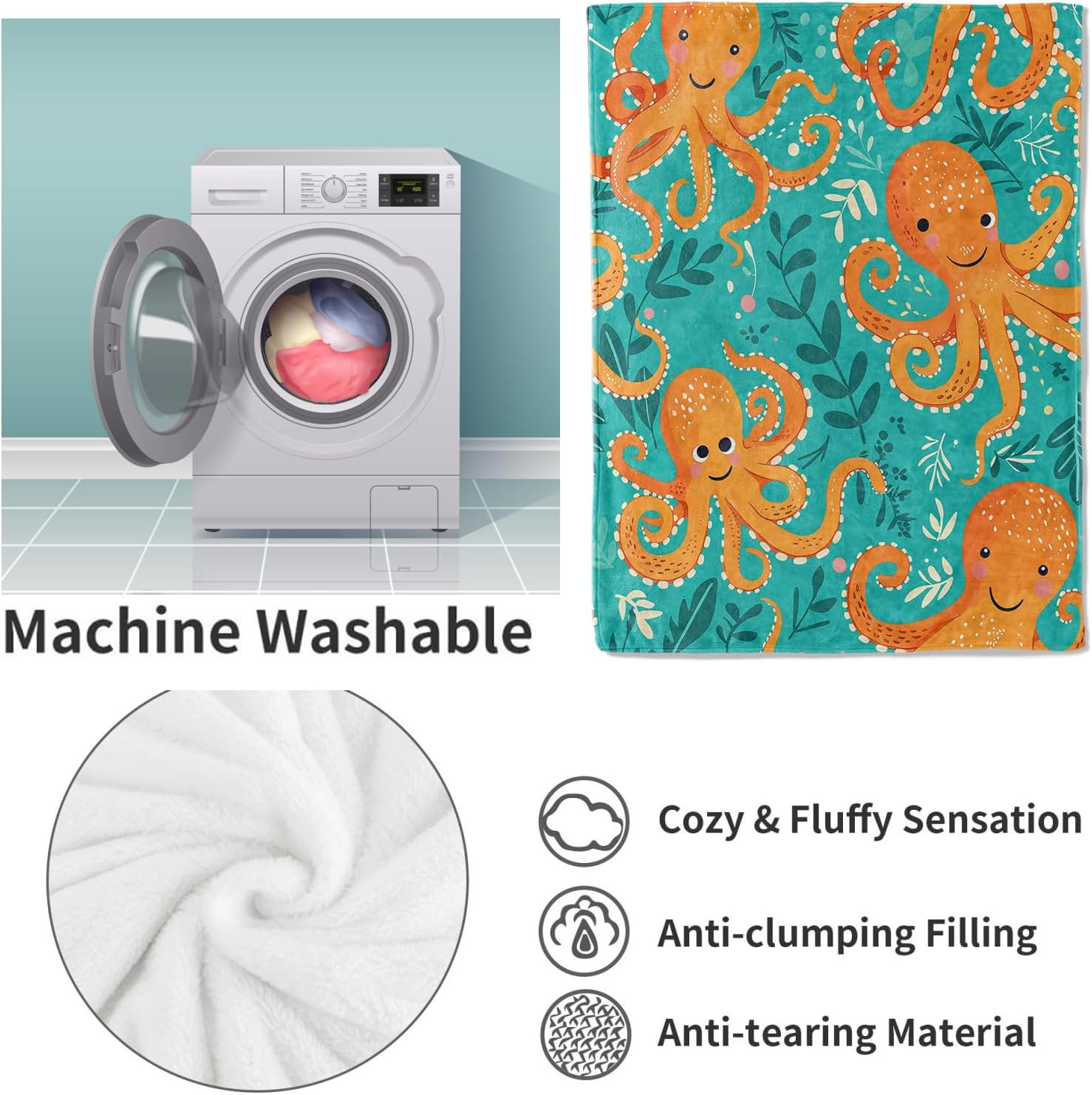 Octopus Blanket, Cute Ocean-Themed Nautical Fleece Throw with Cartoon Octopus Design, Soft Cozy Lightweight Blanket, for Marine Life Lovers, 50x60 in,Decor - Image 4