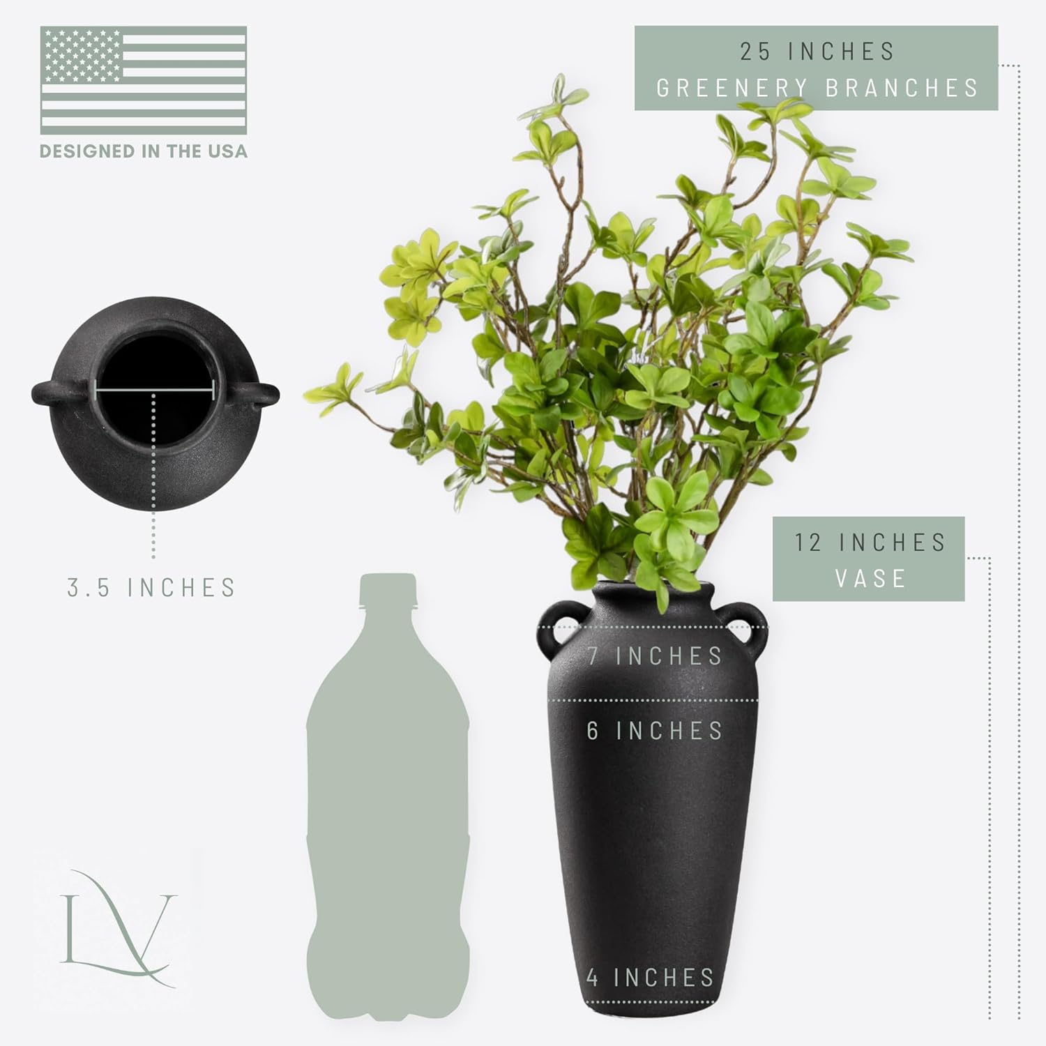 12 Inch Tall Black Ceramic Vase, with 5 Branches of 25 Inch Faux Artificial Vibrant Greenery Stems Set, Textured Minimalist Jug, Fake Stem Plants, Decorative Farmhouse, Console Table Centerpiece Decor