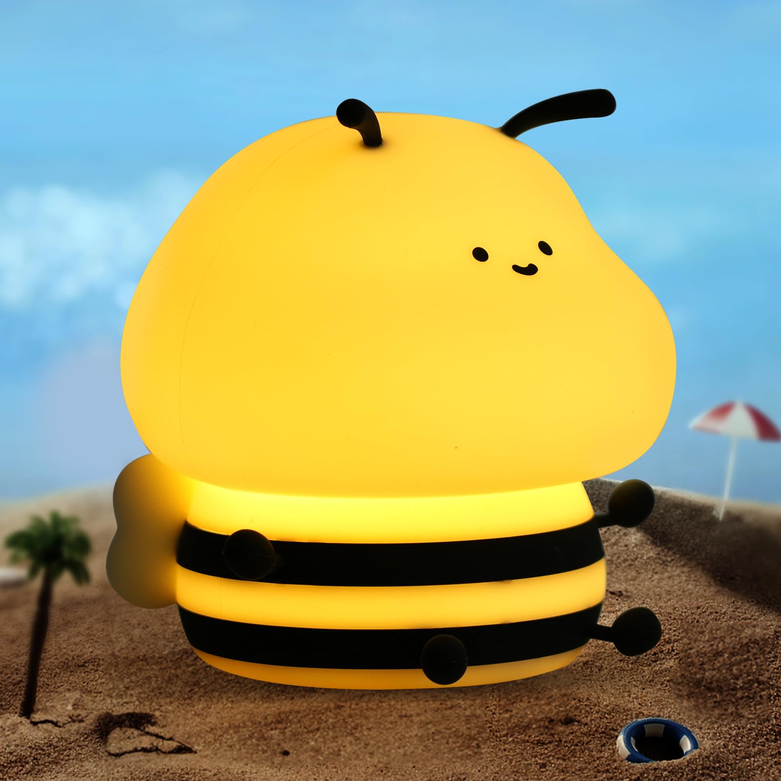 Rktnorv Bee Night Light for Kids,Cute Squishy Silicone Nursery Night Lamp Kawaii Animal Bedside Nightlight with 7 Colors 3 Levels Dimmable Tap Control Rechargeable Nightlights for Kids, Room Decor