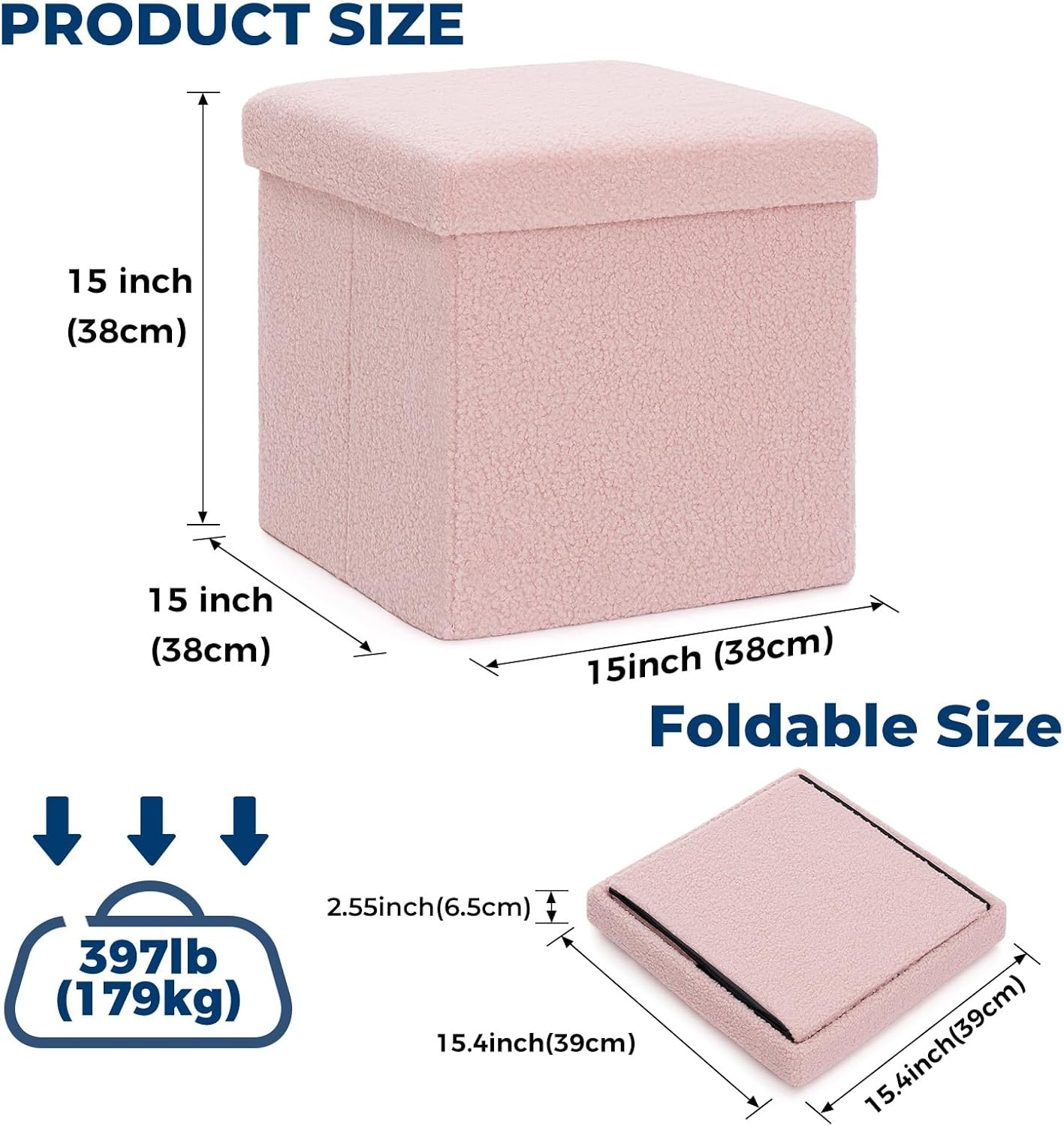 Folding Storage Ottoman Bench, 15 Inch Boucle Small Ottoman Foot Rest for Couch, End of Bed Bench with 397 lb Capacity, Storage Chest for Living Room, Bedroom, Entryway Pink