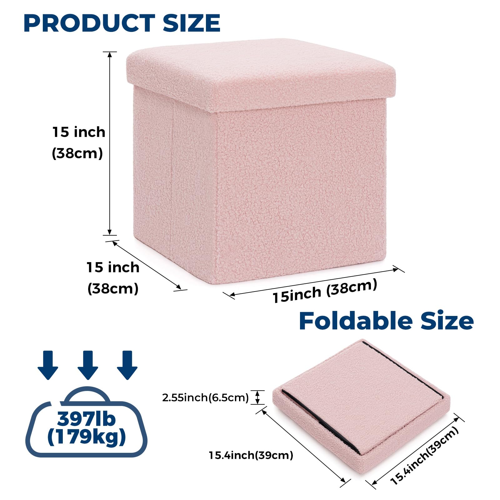 Banco otomano plegable de almacenamiento rosa de 15 pulgadas, reposapiés pequeño, capacidad de 400 libras, baúl de almacenamiento para sala de estar, dormitorio, entrada, solución de asiento elegante