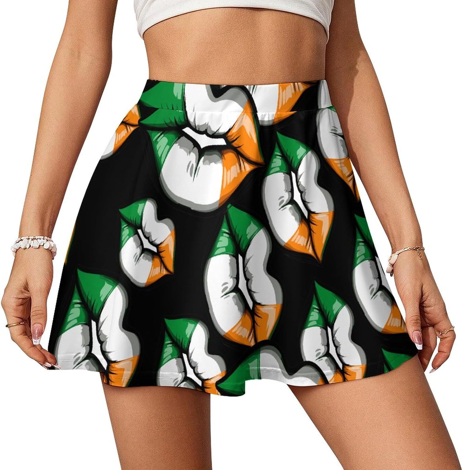 St.Patricks Day Irish Flag Lips Women Tennis Skirt Print Golf Skirts Mini Casual Workout Skorts