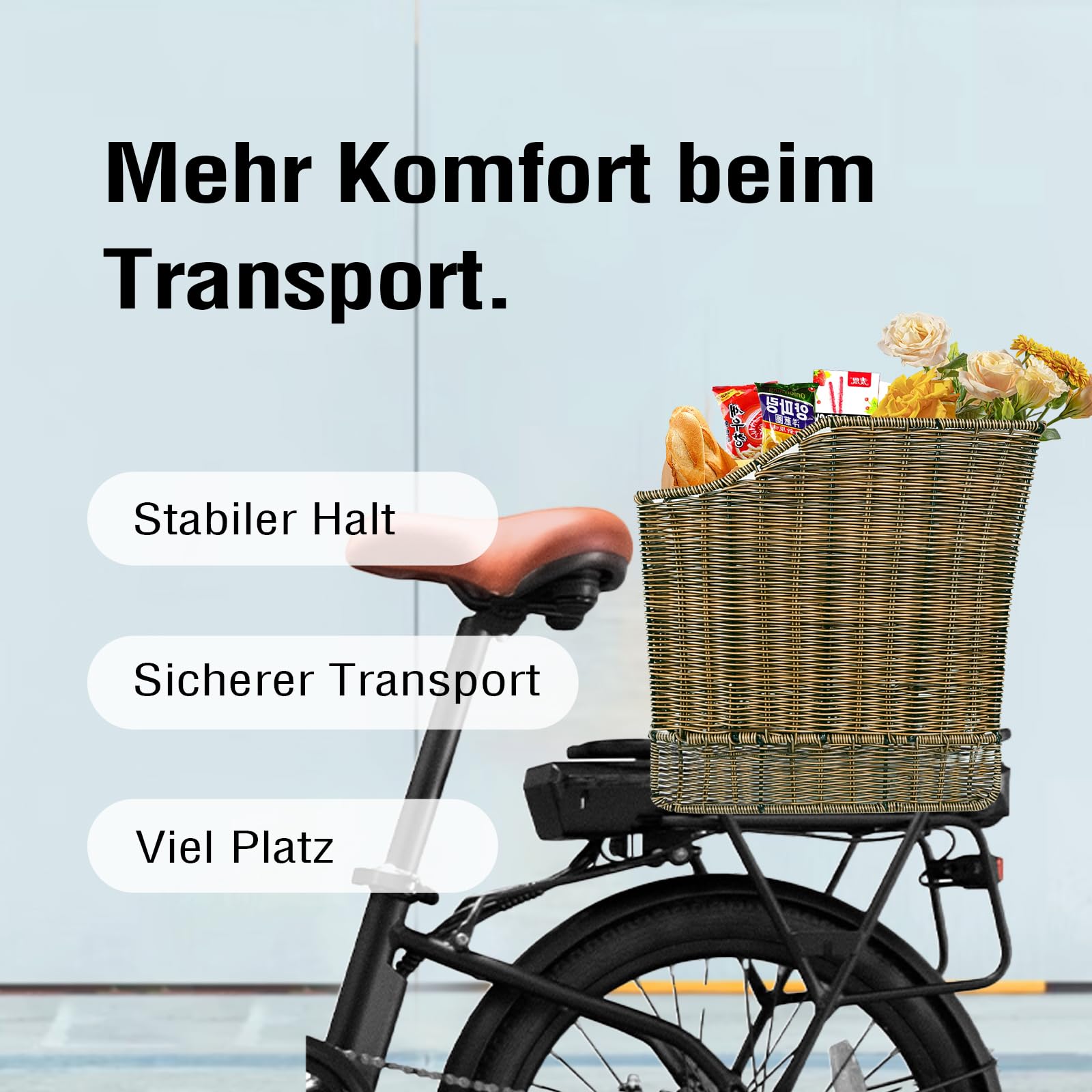 Fahrradkorb Hinten, Abnehmbarer Gepäckträgerkorb aus hochwertigem Polyrattan, Zubehör für E-Bikes und Citybikes