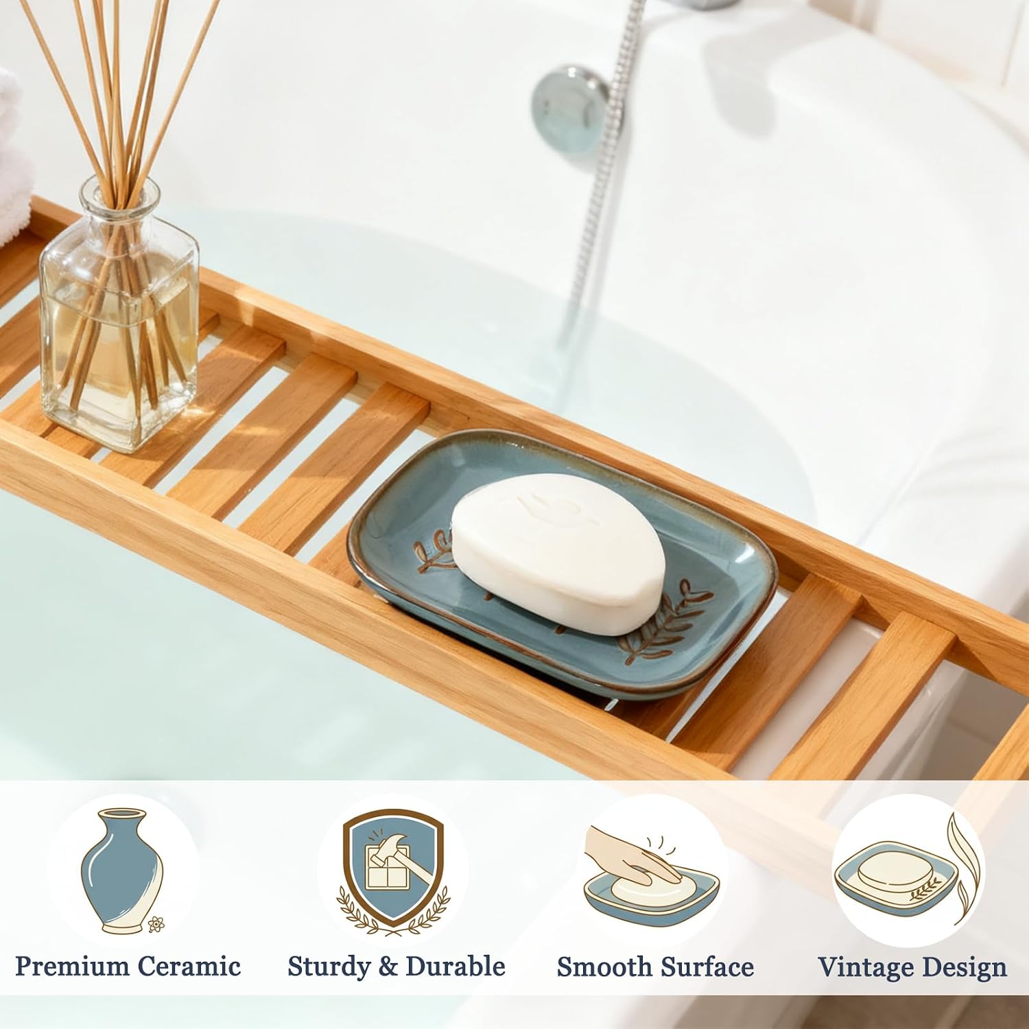 HighHerz Aesthetic Ceramic Soap Dish for Shower, Soap Holder with Raised Relief, Shower Soap Dish for Shampoo Bar Or Sponge, Soap Saver for Bathroom, Kitchen, Sink, Decorative Soap Tray (Blue)