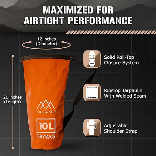 Miniatura 6 de TACAMO Mochila impermeable de 10 L para equipo de campamento, bolsa impermeable para canoa o mochilero, parte superior enrollable, pequeña,