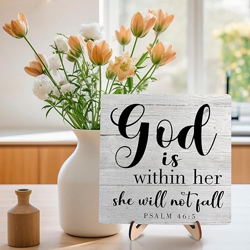 Miniatura 3 de Letrero de madera inspirador cristiano, versículo de la Biblia, Salmo 465, letrero de madera con texto en inglés "God is Within Her, She Will Not