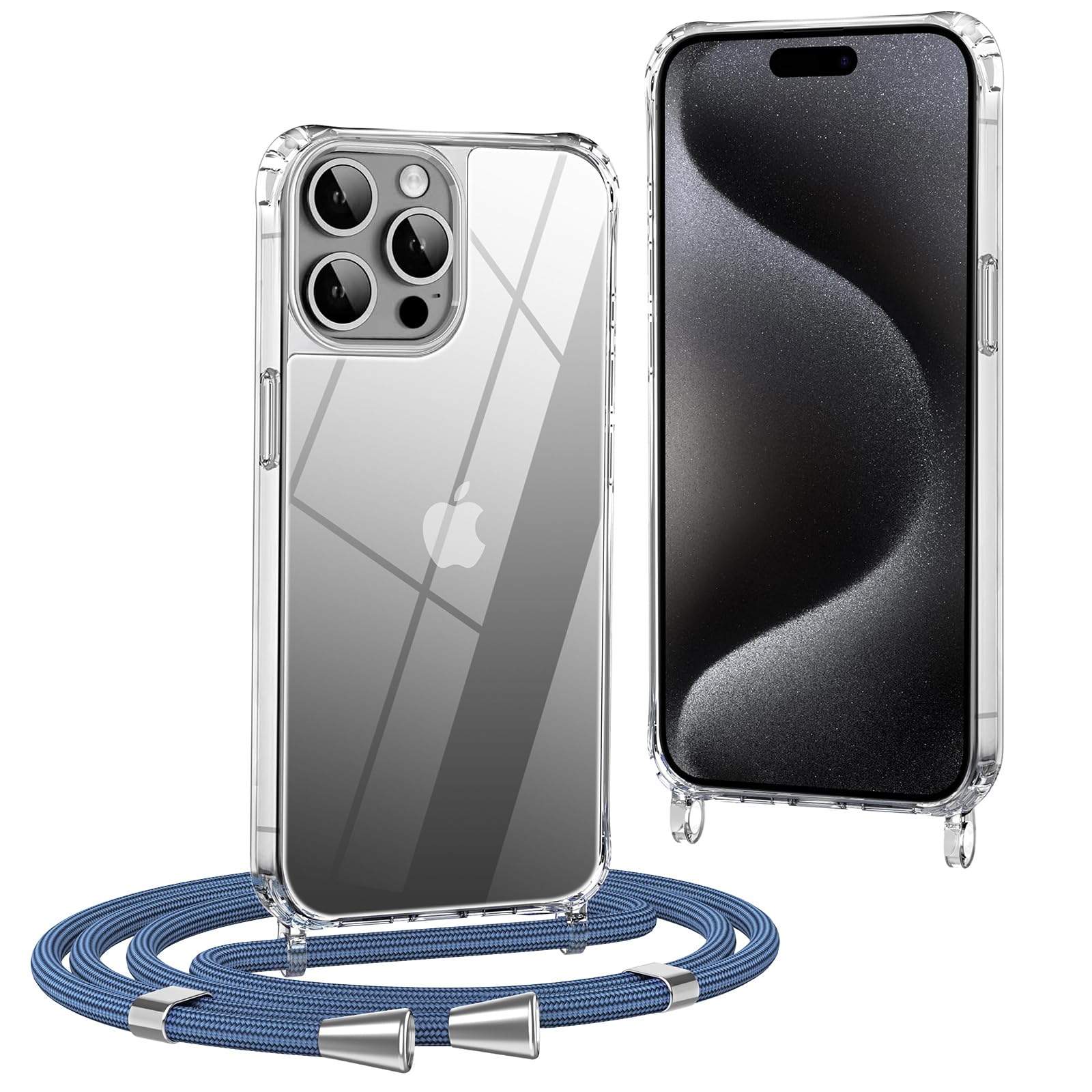 OLEPHY Handykette für iPhone 15 Pro Max Hülle mit Band, Blau | Handyhülle mit Verstellbarem und Demontage Umhängeband, Transparent Stoßfeste Hülle zum Umhängen Kordel, (6,7 Zoll)