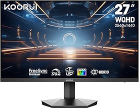 KOORUI 27” WQHD (2560 x 1440p) Gaming Monitor 170Hz (Supports 144Hz), 1ms Fast IPS, HDR 10, DCI-P3 95% Color Gamut, FreeSync Premium, Adaptive G-Sync, HDMI x 2, DisplayPort, Black