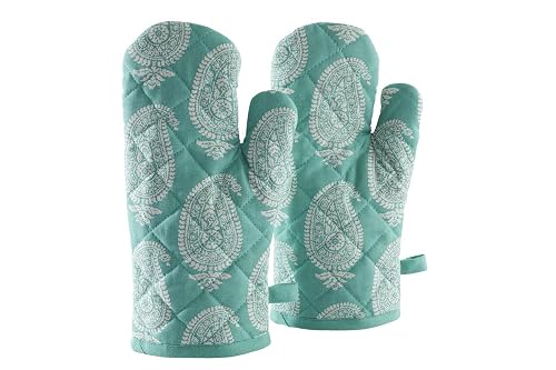 AmazonBrand - Solimo 100% Cotton Padded Oven Gloves Paisley, (Pack of 2, Blue)