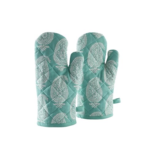 Solimo 100% Cotton Padded Oven Gloves Paisley, Blue
