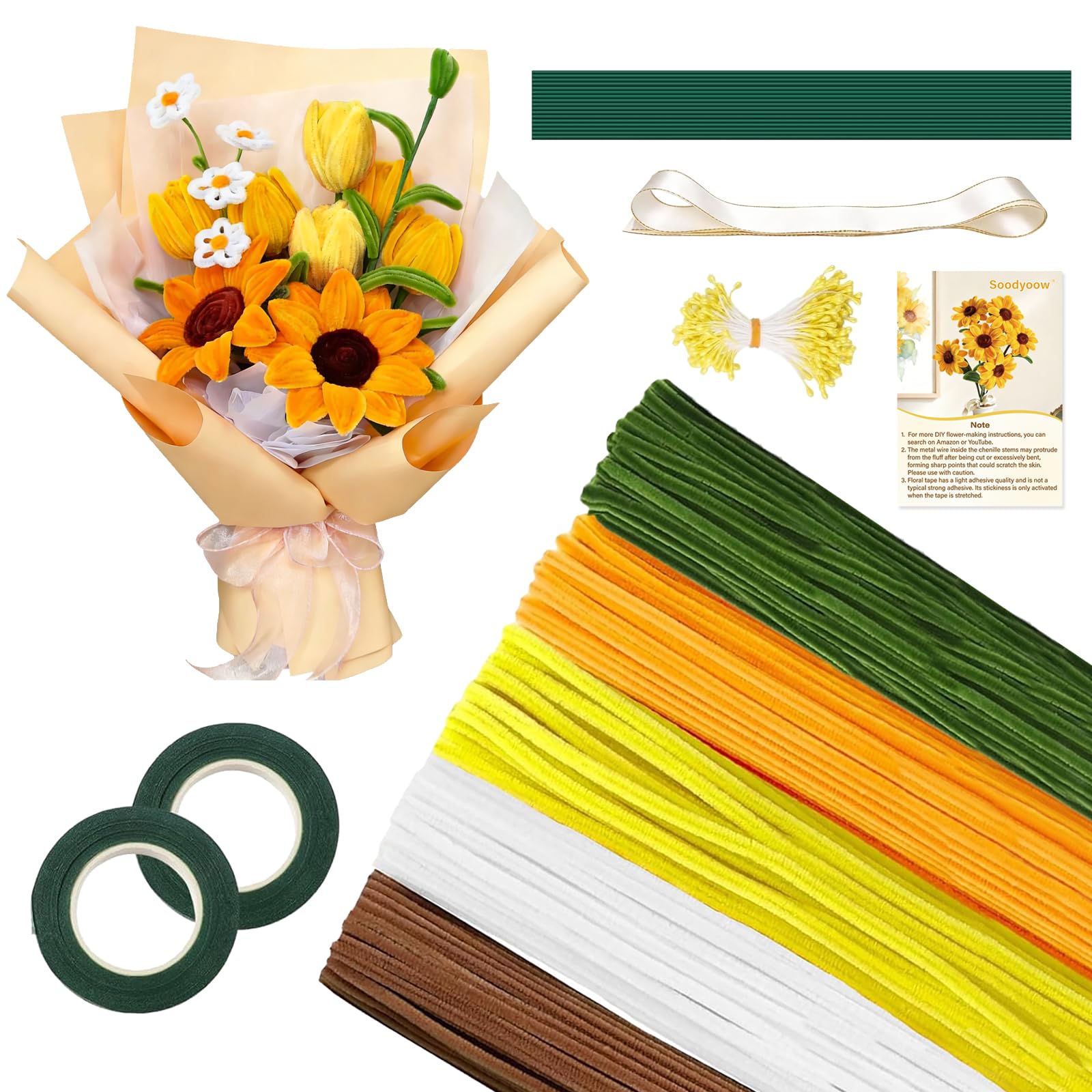 Soodyoow 400PCS Pipe Cleaner Flowers Craft Kit, Full DIY Sunflower Making Supplies for Beginners, Pipe Cleaners for Craft Flowers with All Accessories, Creative Handmade Gift Idea
