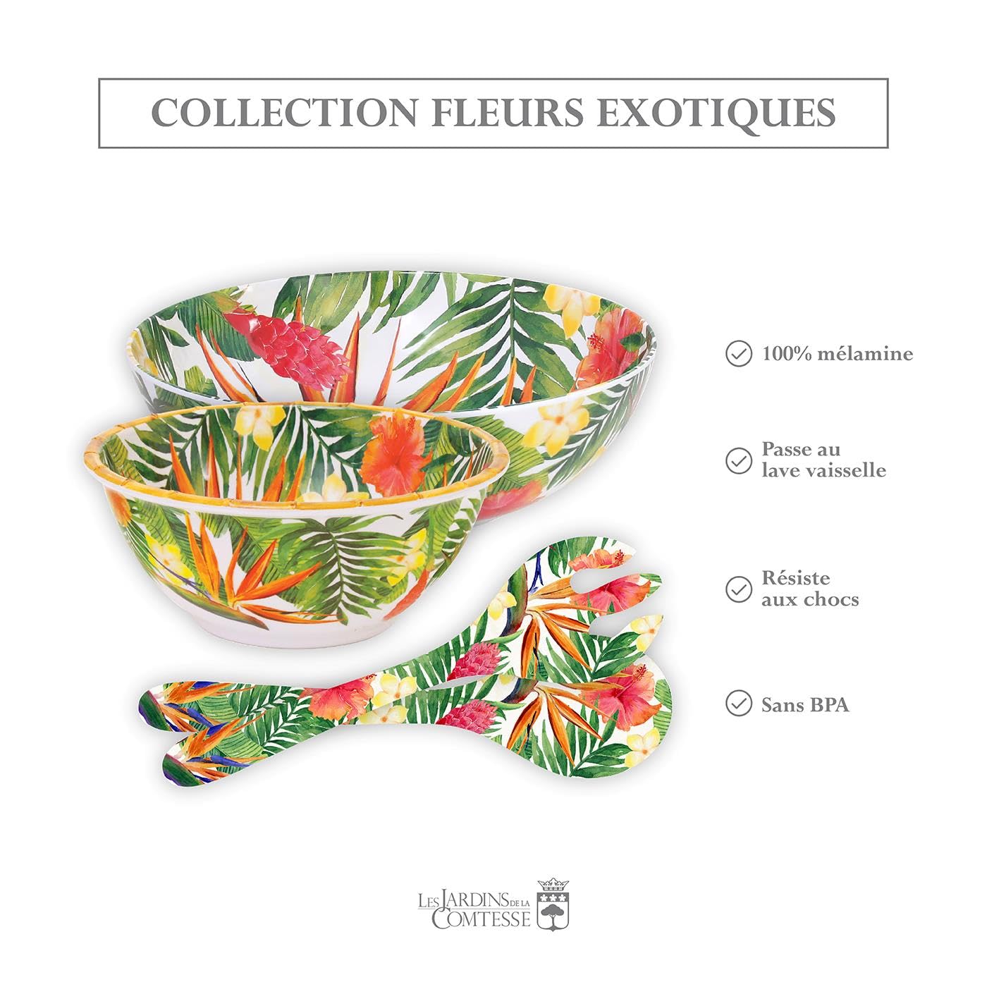 Les Jardins de la Comtesse - Grand Saladier en Mélamine Pure Quasi-incassable - Fleurs Exotiques - 31 cm - Rouge et Vert - Service de Table de la Collection de Vaisselle Quasi-Incassable MelARTmine