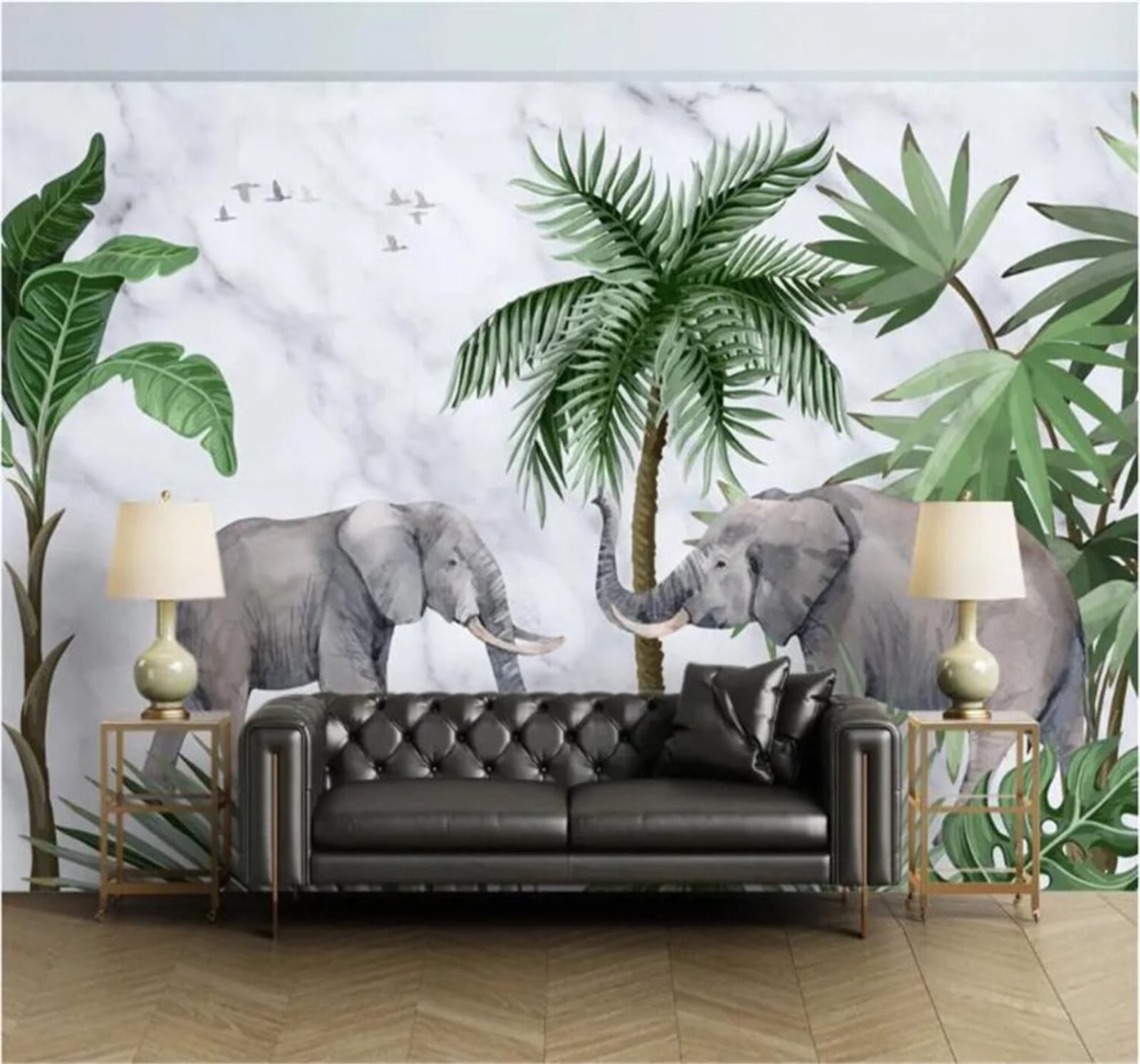 Tzxztt Fresh Plants Coconut Trees Elephants Faux Marble Modern 3D Wallpaper Premium Textured Silk Neutral Tones Material Ideal for Living Room Bedroom-150cm×105cm