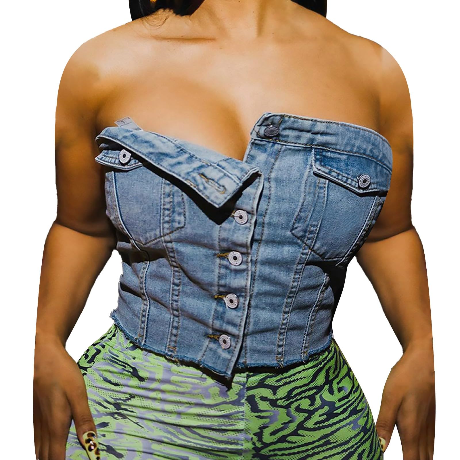 JOFOW Women's Fashion Elastic Denim Button Wrap Top Undershirt Must Haves for Women