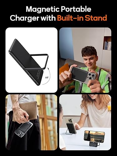 Miniatura 4 de Banco de energía magnético ultra delgado de 0.3 pulgadas, cargador portátil inalámbrico de 5000 mAh con soporte plegable y cable USB C, batería