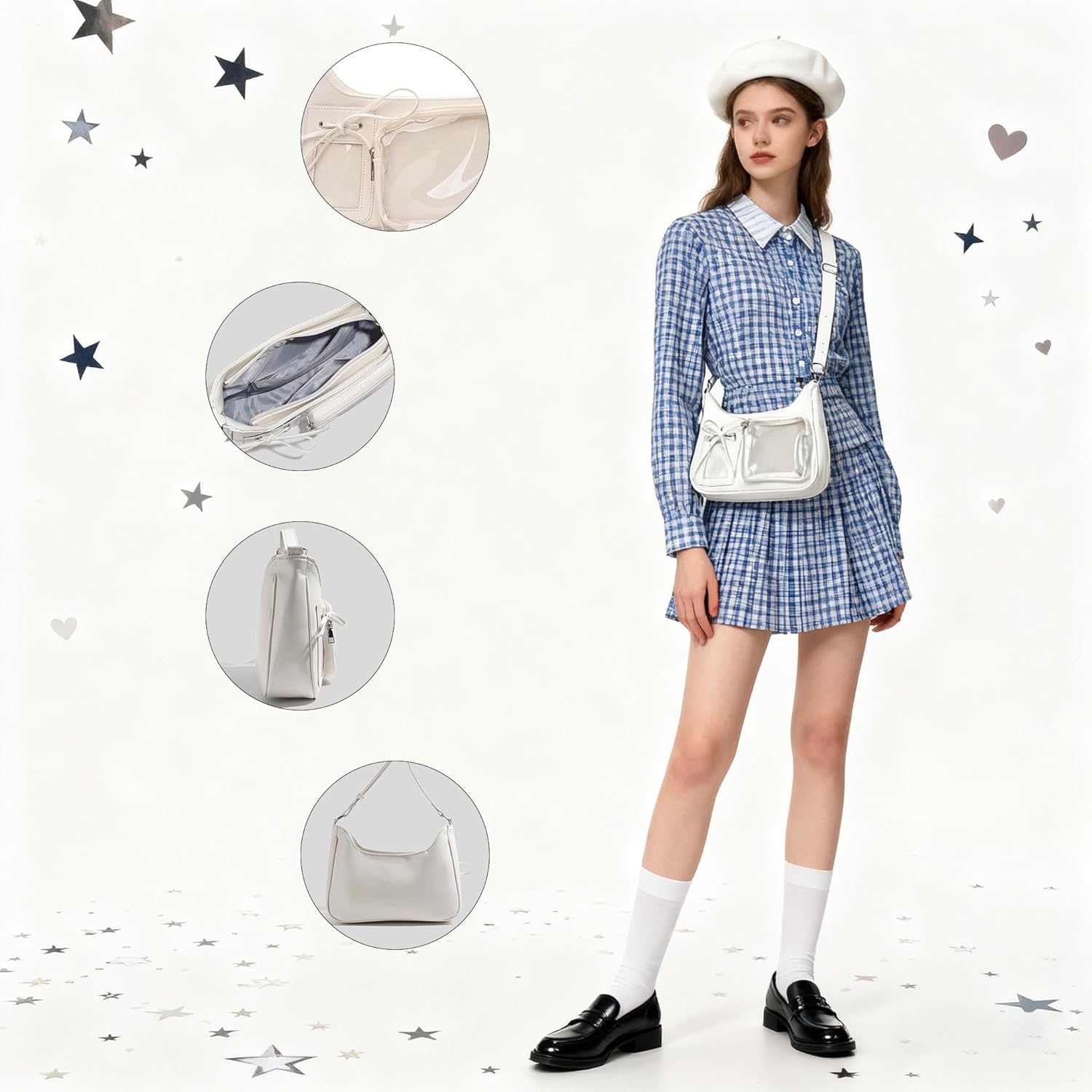 Ita Bag Crossbody for Women, Bow Pin Display Bag with Transparent Windows, Cute White Y2K Purse for Anime, Kawaii Lolita Aesthetic Shoulder Bag
