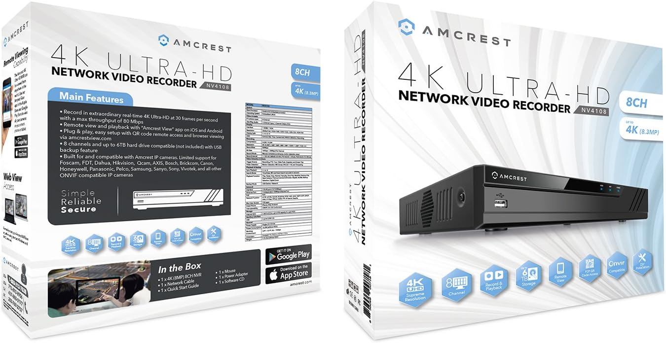 Amcrest NV4108 1080p (8CH 1080p/3MP/4MP/5MP) Network Video Recorder - Supports up to 8 x 1080p (2.1MP) WiFi IP Cameras @ 30fps Realtime, Supports up to 4TB HDD (Not Included) (No Built-in WiFi)
