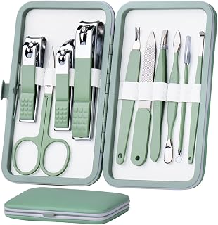 HANTEKAS 10-in-1 Manicure Pedicure Set: Stainless Steel Nail Clippers, Scissors & Tools in Jade Green Leather Case - Portable Grooming Kit for Men Women