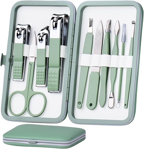 HANTEKAS 10 in 1 Stainless Steel Manicure Set, Nail Clippers Scissors Pedicure Tools Kit - Portable Travel Grooming Kit for Men and Women with Leather Case (Jade Green)