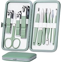 HANTEKAS Manicure Set 10 in 1 Stainless Steel, Nail Clippers Scissors Pedicure Tools Kit - Portable Travel Grooming Kit for Men and Women with Leather Case (Jade Green)