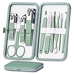 HANTEKAS Manicure Set 10 in 1 Stainless Steel, Nail Clippers Scissors Pedicure Tools Kit - Portable Travel Grooming Kit for Men and Women with Leather Case (Jade Green)