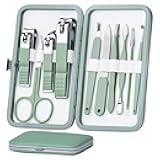 Manicure Set 10 in 1 Stainless Steel, Nail Clippers Scissors Pedicure Tools Kit - Portable Travel Grooming Kit for Men and Women with Leather Case (Jade Green)