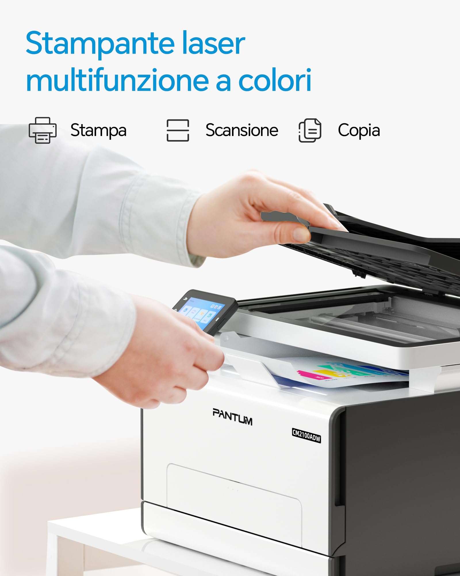PANTUM Stampante Laser Colori CM2100ADW, multifunzione A4 stampa copia scansione ADF, fronte/retro automatica, WLAN NET USB, 20ppm