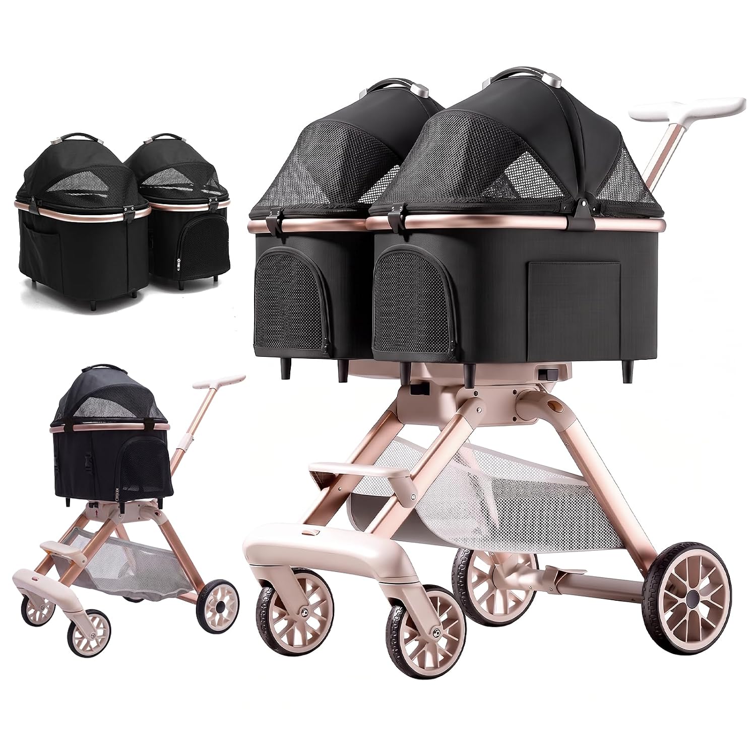 Double Pet Stroller with Detachable Carriers,Ideal for 2 Dogs or Cats,Double Dog Stroller with Small/Medium Pets,Beige