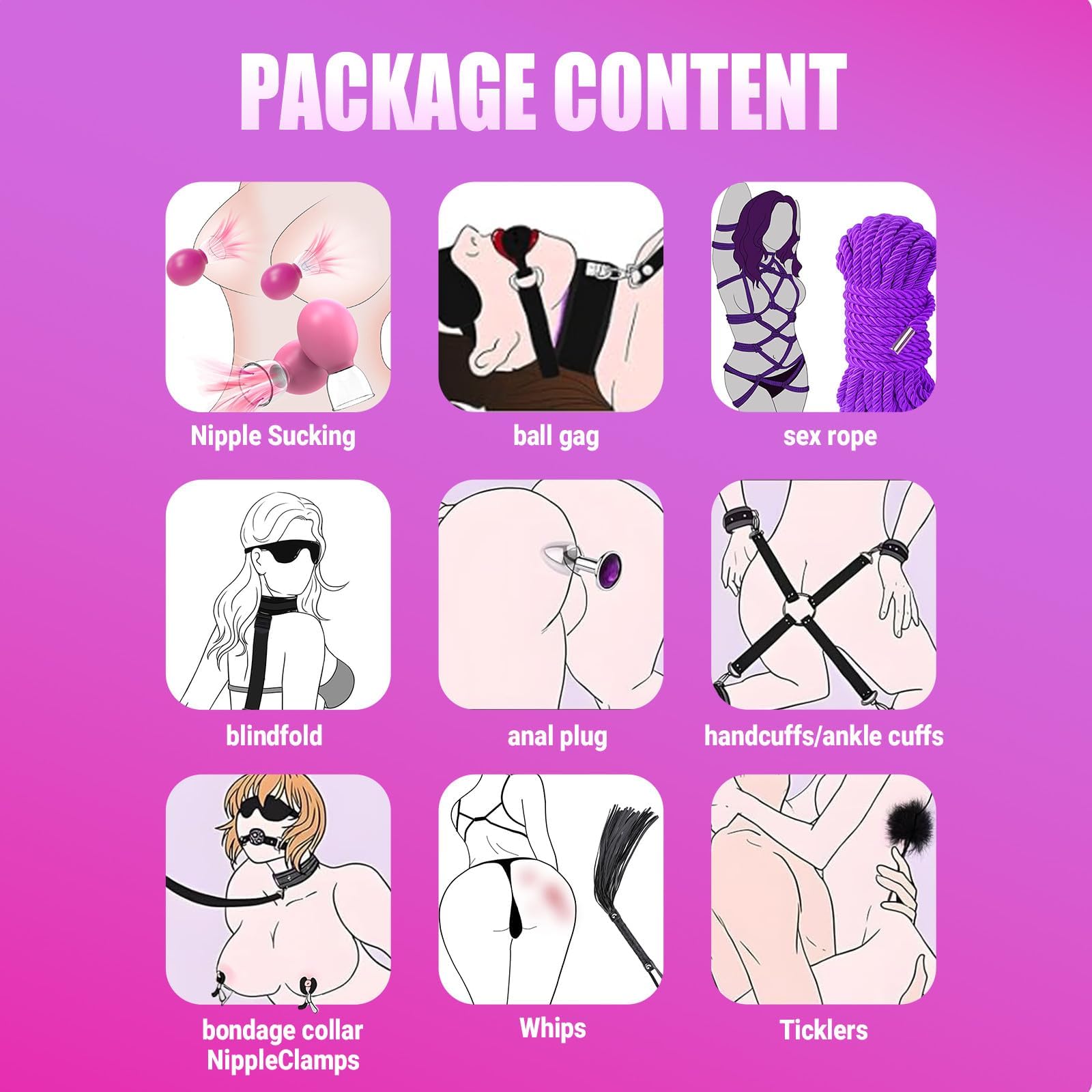 Kit de bondage BDSM, set de bondage mejorado de 17 piezas con bolsa de almacenamiento, juguetes sexuales para parejas, juguetes sexuales de placer SM para mujeres y hombres
