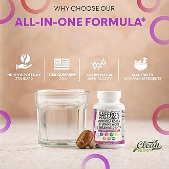 Clean Nutraceuticals Saffron Supplements Extract 100mg + Ashwagandha L-Theanine 200mg - Mood Support Ginkgo Biloba, St. John's Wort, Rhodiola Rosea & 5-HTP Capsules Pills Men Women