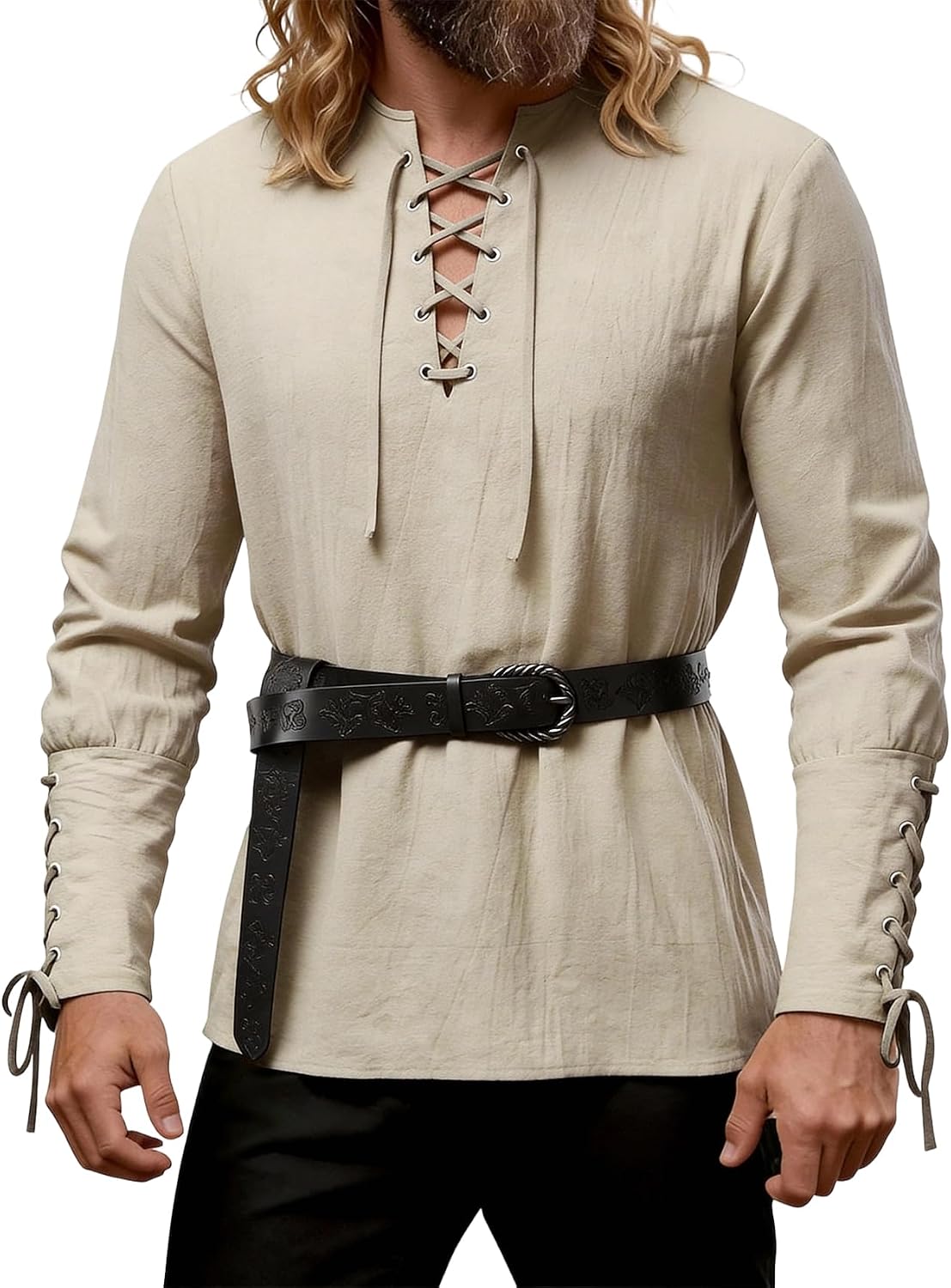 JEMITOP Men's Pirate Renaissance Cotton Arm Banded Shirt Long Sleeve Lace Up Costume for Medieval Viking Without Belt