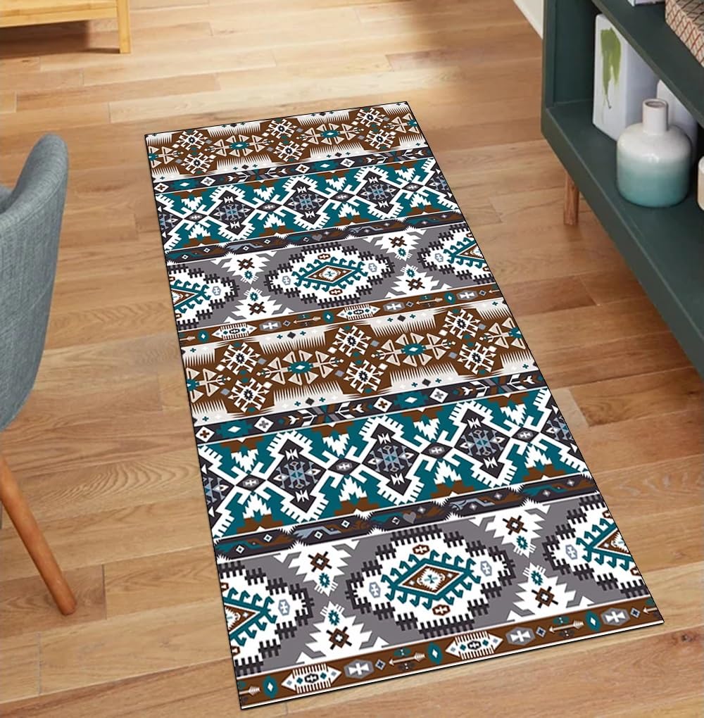 Alfombra larga para dormitorio y pasillo de estilo boho verde lavable de 80x250 cm