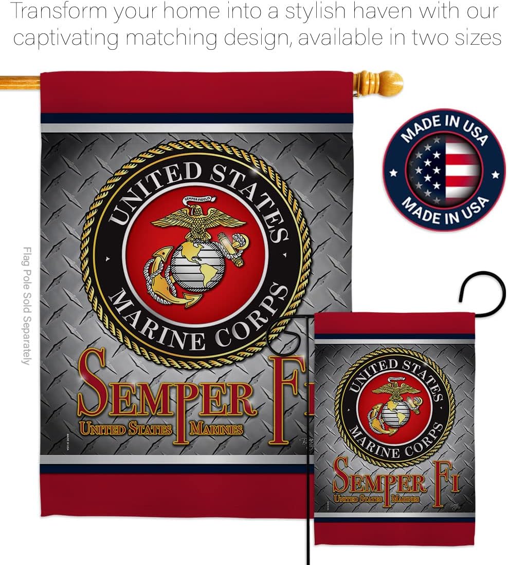 Breeze Decor Semper Fi US Marine Garden Flag Set Wall Hanger Armed Forces Corps USMC United State American Military Veteran Retire Official House Banner Small Yard Gift Double-Sided, Made in USA