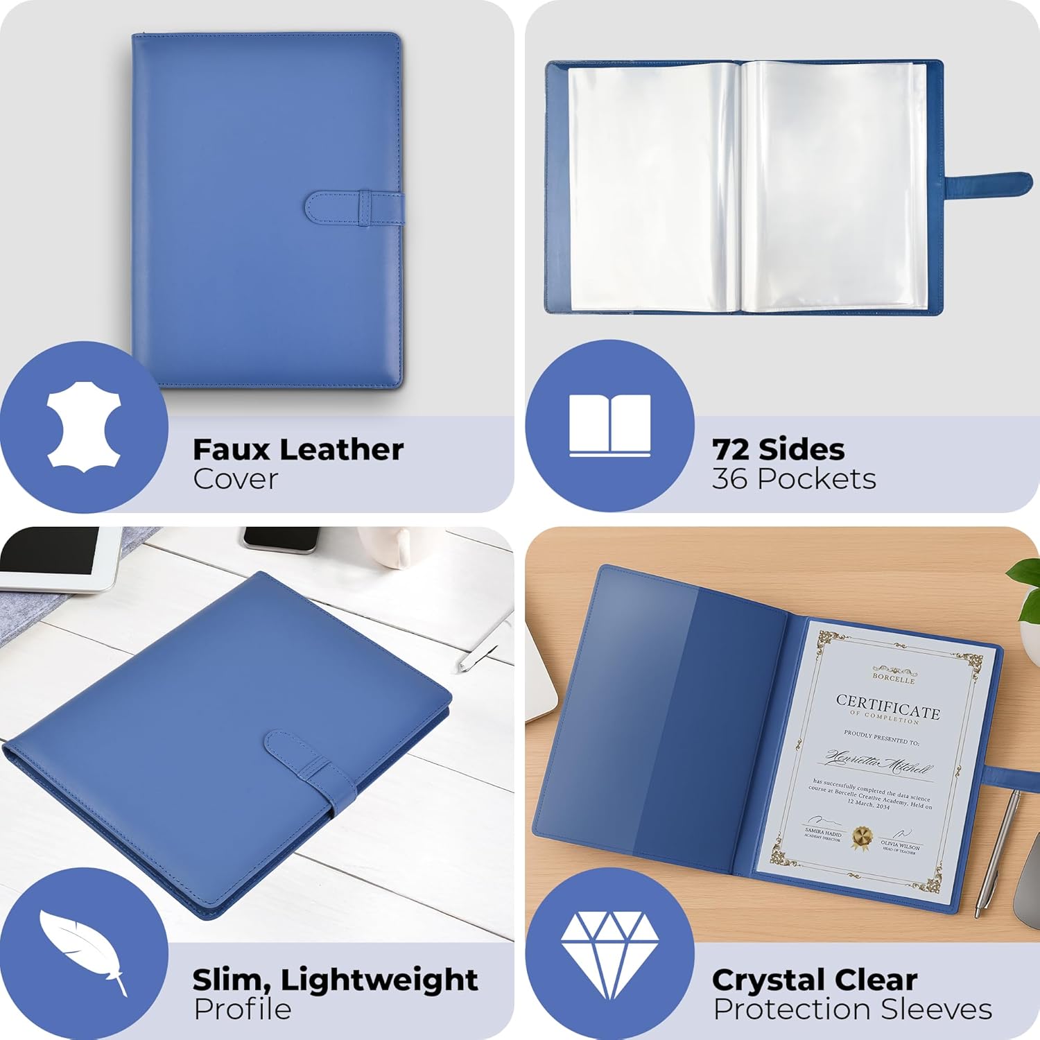 Arpan A4 Certificate Presentation Folder, Faux Leather Document Organizer, Professional Portfolio Book, Conference Display Binder (Blue, 36 Pockets 72 Sides)