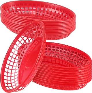JAPCHET 60 Pack 8.8x5.5 Inch Red Fast Food Baskets, Oval Plastic Fast Food Serving Basket, Restaurant Serving Baskets for Burgers, Deli, Sandwiches, Fries, Easy Clean