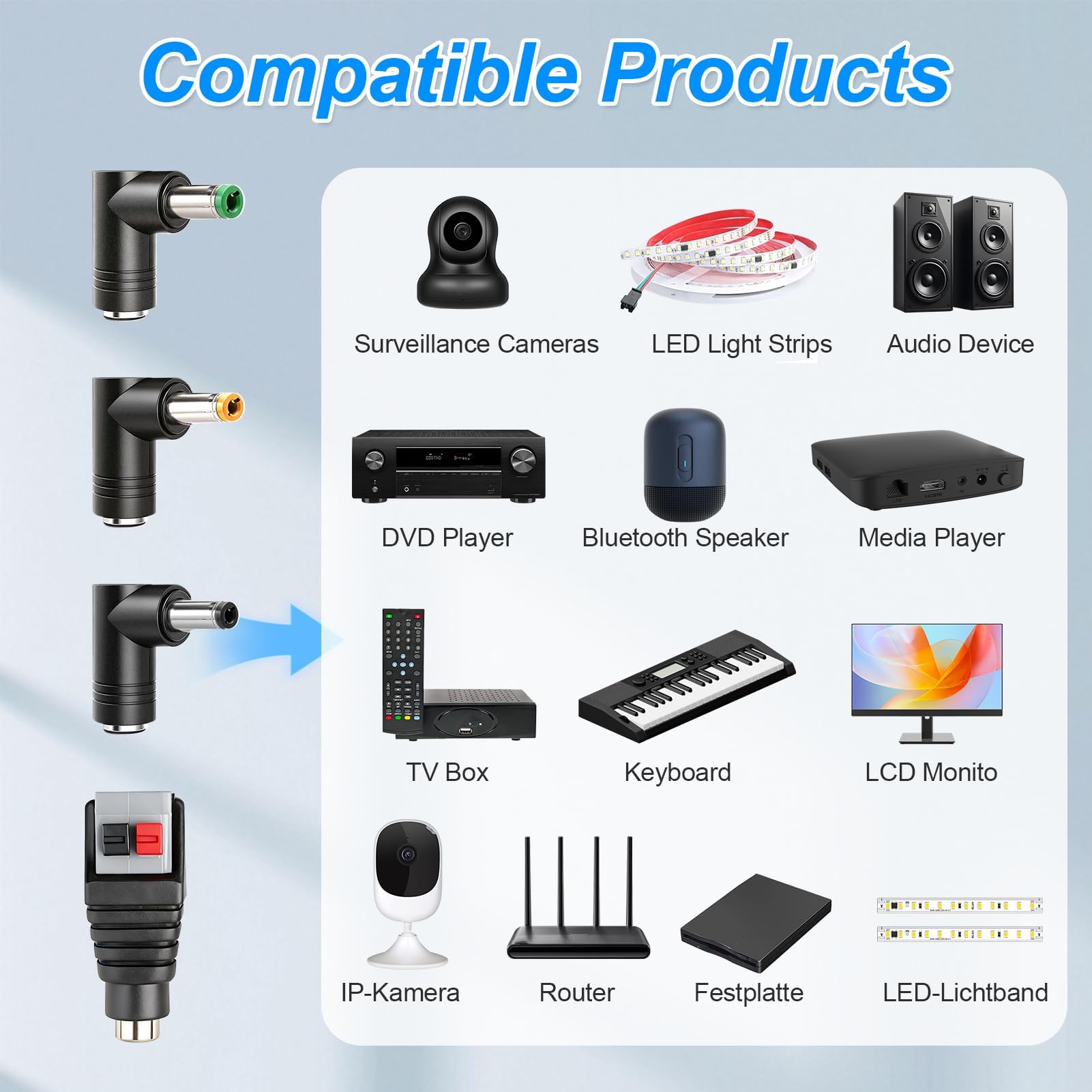 12V 2A 24W Transformador Fuente de Alimentación Universal 5,5x2,1 mm con 4 Enchufes 5,5x2,5mm, 4,0x1,7mm, 3,5x1,35mm y Conector LED, AC Cargador Alimentador Cable 2m para Router, Cámaras, Tiras LED — view 4