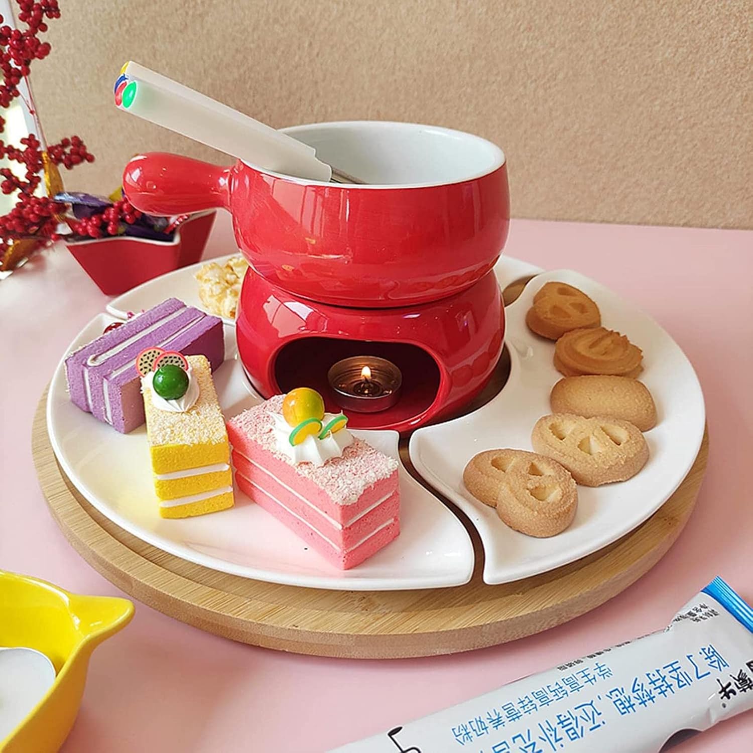 Chocolate Fondue Pot Set, Ceramic Fondue Pot, with 3 Platters and Rotatable Wooden Tray, Removable Fondue Pot Suitable, for Chocolate, Cheese, Butter