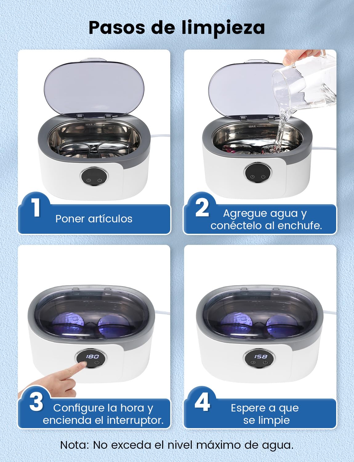 Limpiador Ultrasonidos 600ML Limpiador Ultrasonidos 50000 Hz, Limpiador Ultrasónico con 5 Modos de Tiempo y Pantalla Digital, Maquina Ultrasonidos Limpieza para Gafas, Joyas, Relojes