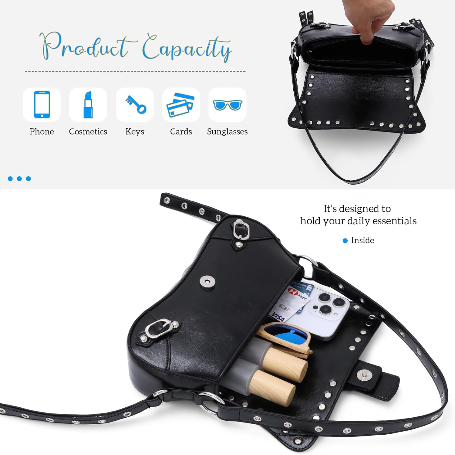 Fecialy Women's Y2k Shoulder Bag Handbag Studded Punk Rivet Purse Goth Trendy Leather Bags - Image 5