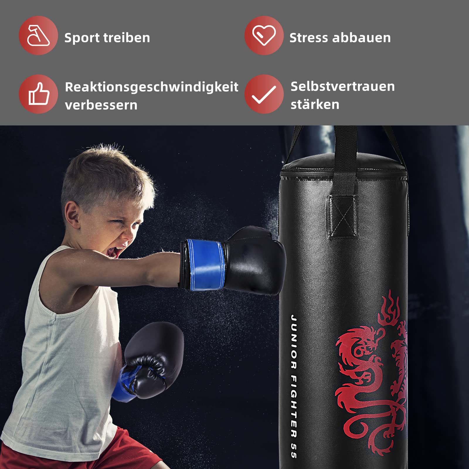 GYMAX Kinder Boxsack-Set mit Boxsack 10 kg, Sandsack mit 8 oz Boxhandschuhen, Springseil & Tragetasche, gefüllt & hängend Box-Set 60 cm, ab 3 Jahren, für Kickboxen, MMA, Muay Thai, Boxen