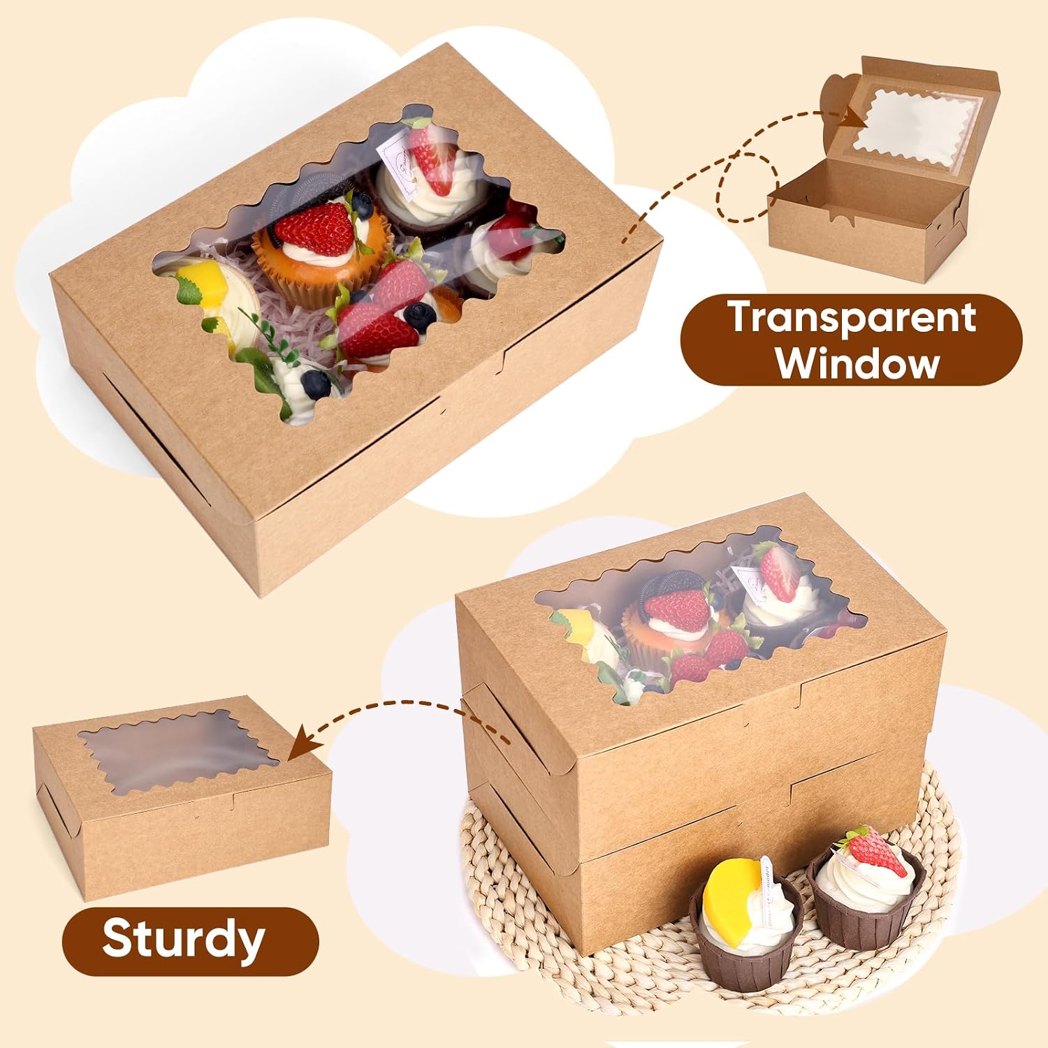 NEOACT 60pcs Cookie Boxes with Window for Gift Giving, 9x6x3in Bakery Boxes | Brown Bakery Gift Boxes with Stickers, Pastry Containers for Cookie, Chocolate Strawberries, Muffins, Donut, Cupcake