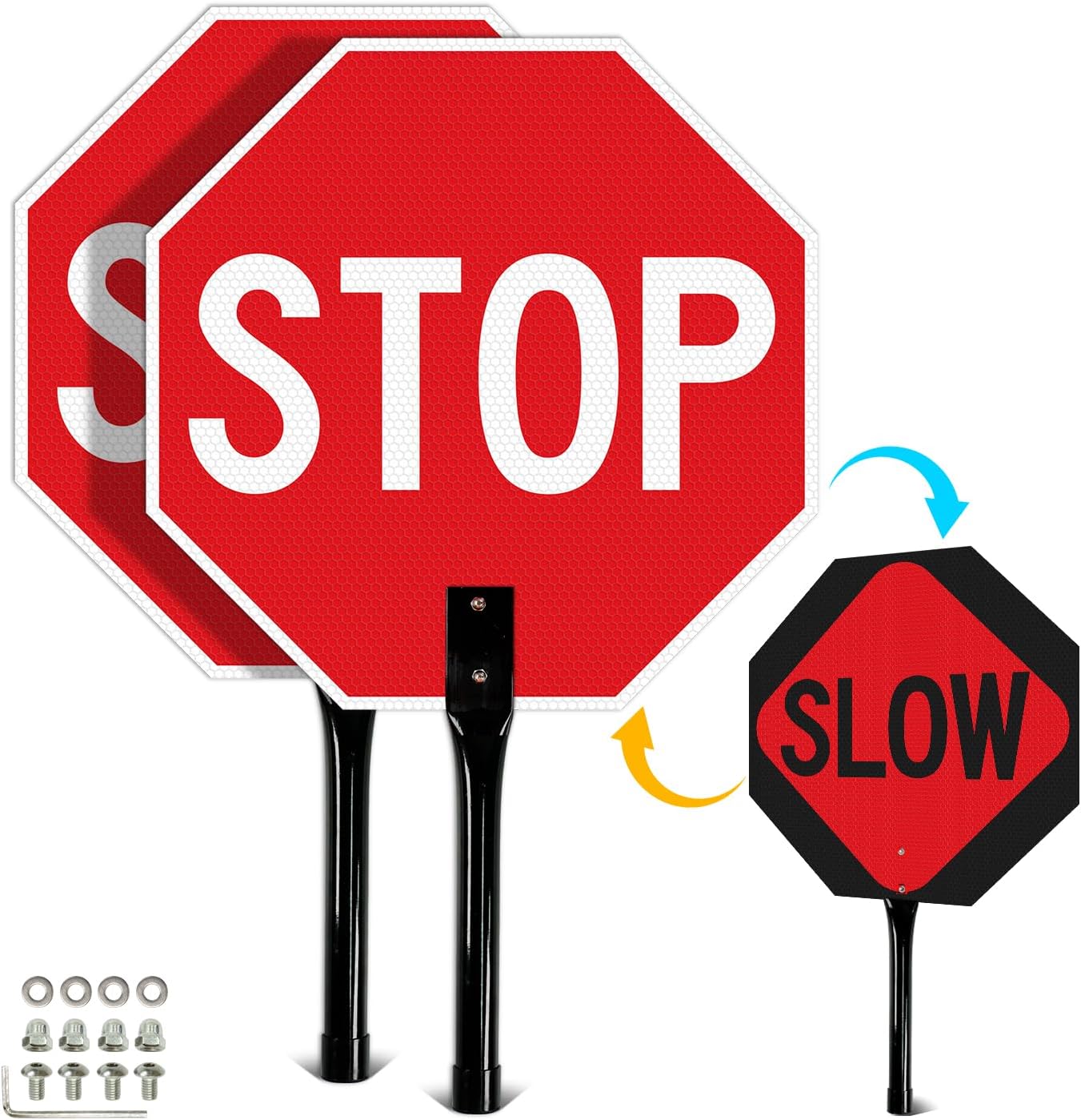 T&R (2 Pack) Large Stop Slow Sign with Handle, 18 x 18 Inches Double Sided Stop/Slow Traffic Sign, Rust Free Aluminum Reflective, Weather Resistant, Waterproof, Fade Resistant, Easy to Mount.